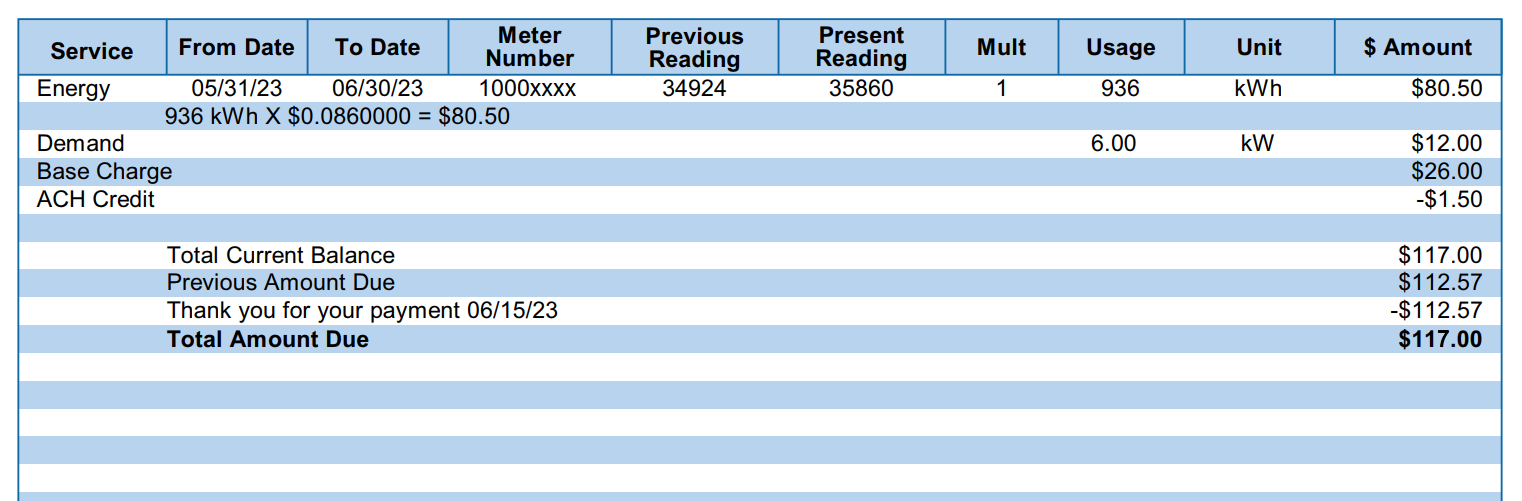 Residential Electric Power Bill Example