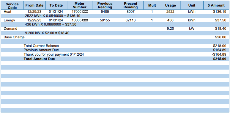 Residential Heat Meter Bill Example