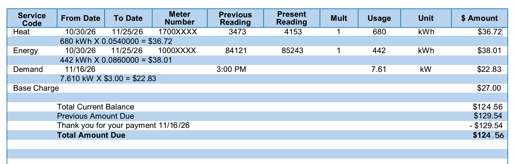Residential Heat Meter Bill Example