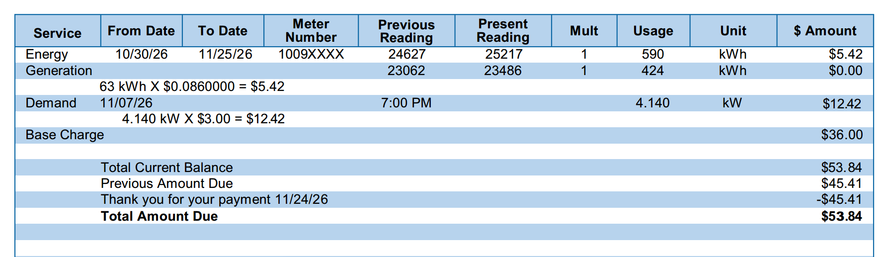Residential net meter bill example