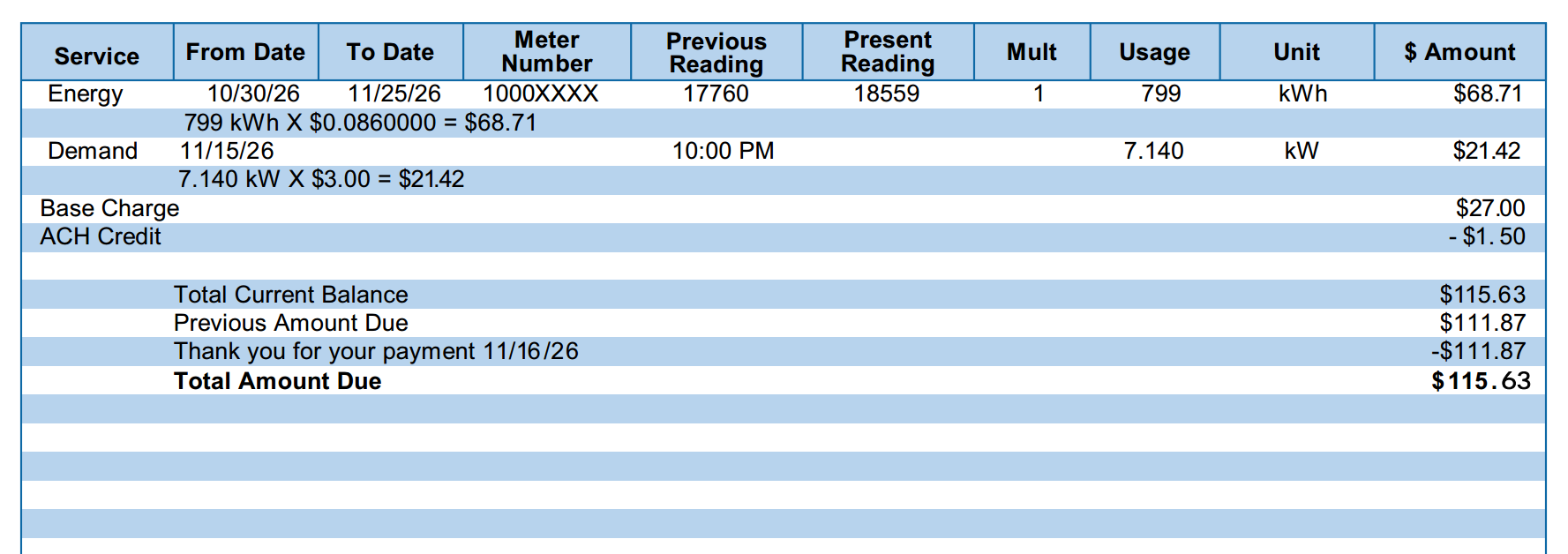Residential Electric Power Bill Example